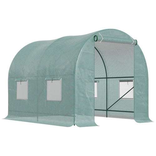 Outsunny 2.45 X 2m Polytunnel Greenhouse, Walk-in Greenhouse With Large Roll-Up Door  Windows, Plastic Cover, Steel Frame, Easy Access  Ventilation, Green