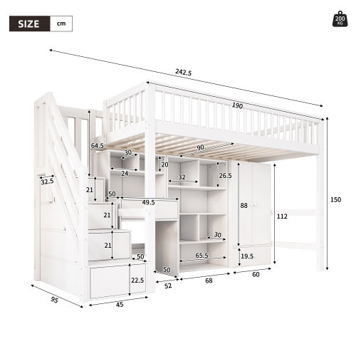 Kids Study Bed With Desk & Stairs - Children's Multifunctional Single Bed Frame UK 90x190cm, Solid Wood & MDF Construction, Built-in Wardrobe & Lockers, White Storage Bed No Mattress Included